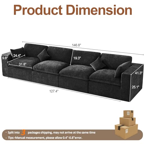 146''Cloud Boneless Sectional Couch, Modular Sectional Sofa Deep Seat, Oversized Upholstered Convertible Comfy 4 Seater Chenille Memory Foam Sofa Couches for Living Room, Dark - color: Dark, size: 146"/4 Seater