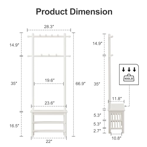 AQIMUELE Coat Rack with Shoe Storage, Narrow Wooden Hall Tree with Bench, 11 Hooks and 2-Tier Storage Shelves, 3-in-1, Entryway Bench with Coat Rack (23.6"-Deep White) - color: White, size: 23.6"