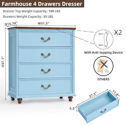 Joaxswe Farmhouse 4 Drawer Dresser for Bedroom, 37" Tall Rustic Chests of Drawers w/ 4 Solid Wood Feet, Mid Century Modern Wooden Closet Storage Dressers Organizer for Living Room, Hallway, LightBlue - color: Light Blue, size: 15.7"D x 31.5"W x 37.2"H (4