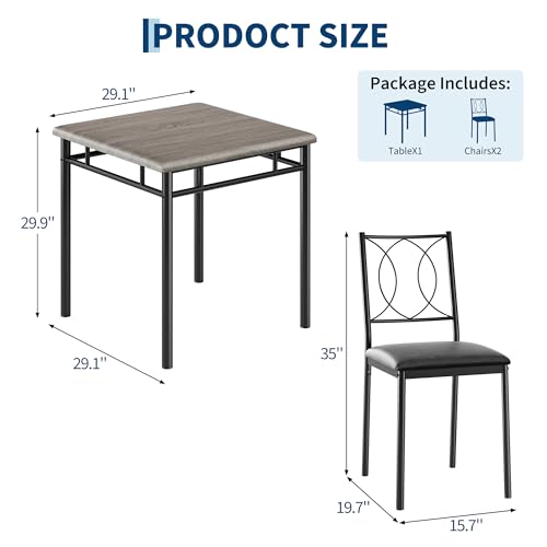 Space-Saving Dining Table Set for 2 – 3-Piece Farmhouse Wood Table & | Upholstered Chairs – Modern Compact Dining Furniture for Apartments & Breakfast Nooks – Grey - color: Grey