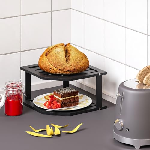 VERTORGAN 2 Tier Bamboo Plate Organizer,Corner Shelf for Kitchen(Black) | Pantry Storage,Dish Rack,Spice Rack,Corner Organizer,Kitchen Counter Shelves,Kitchen Storage,Holds Plates - color: Black, size: 1 Pc