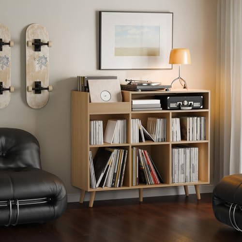 Large Record Player Stand with Vinyl Storage Cabinet, Wood Turntable Table Open Shelf Holder Up to 500 Albums Cube Storage Organizer for Living Room, Office, Oak - color: Oak