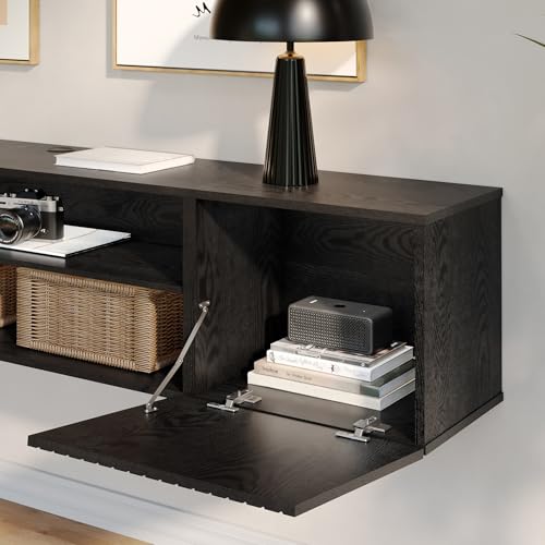 WAMPAT Modern Floating TV Stand with Electric Fireplace, Black | Media Console for TVs up to 80", Wooden Entertainment Center, 36" Fireplace, TV Shelf Cabinet for Living Room or Bedroom