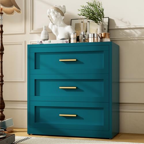 Metal 3-Drawer Dresser for Bedroom, Closet Chest with 3 Drawers, Farmhouse Dressers & Chests of Drawers, 31.5" Wide White Metal Dressers Organizer for Bedroom, Living Room, Hallway - color: Blue, size: 3 Metal Drawers