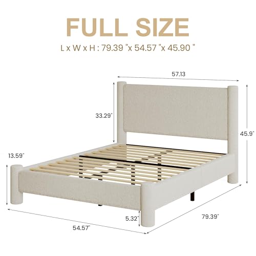 REVOMINCA Full Boucle Bed Frame with Headboard & Footboard, Cream | Upholstered platform frame has soft rounded corners, needs no box spring, and offers easy assembly. - color: Cream, size: Full