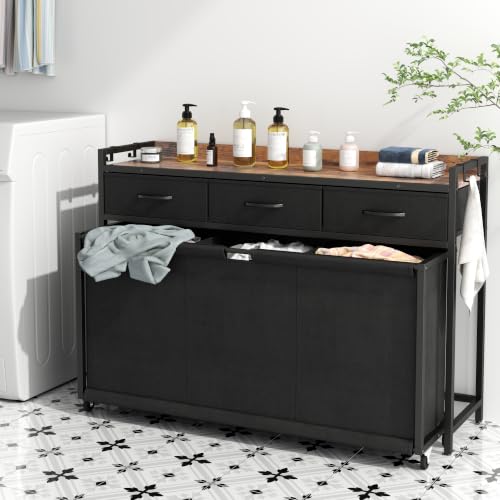 Laundry Hamper Laundry Basket with 3 Section Pull-Out Rolling Bags, Laundry Sorter for Organization and Storage with 2 Pull-Out Drawers for Laundry Room (Brown+Black, 43.31'' x 31.81'' x 12.6'') - color: Brown+Black, size: 43.31'' x 31.81'' x 12.6''