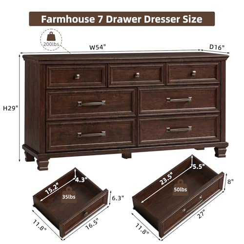 Farmhouse 7 Drawer Dresser for Bedroom, Walnut | 54” Wide Horizontal Dressers & Chests of Drawers with Reinforced Top & Square Wooden Legs - color: Walnut, size: 16"D x 54"W x 29"H (7 Drawers)