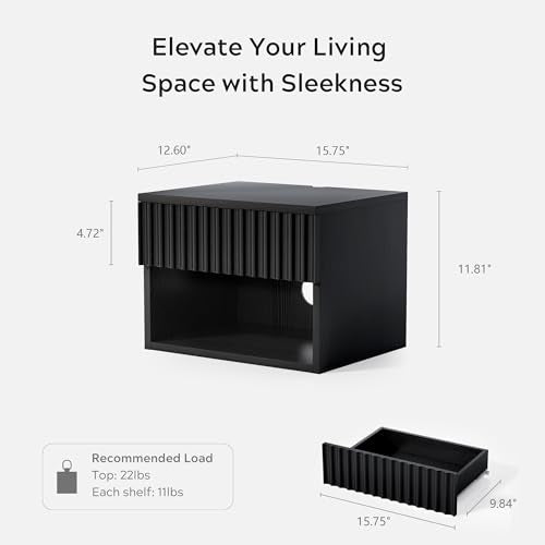 Fluted Floating Nightstand Set of 2 with Drawer, Modern Night Stand with Fluted Door and Open Storage Shelf Wall Mounted Bedside Table for Bedroom, Entryway Black - color: Black, size: 2 PCS
