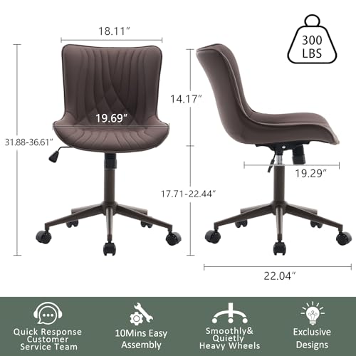 YOUTASTE Armless Office Desk Chair with Wheels, Adjustable Swivel Vanity Chair, PU Leather Upholstered, Ergonomic Back Support, Modern All Brown Computer Chair for Home Office, Bedroom, Study - color: All Brown