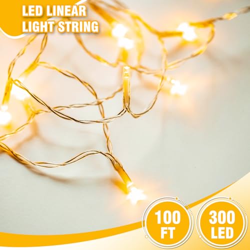 100FT Warm White String Lights – 300 LED Extra Long Waterproof Fairy Lights on Clear Wire, Plug-in Indoor Outdoor Decorations for Christmas, Wedding, Patio, Bedroom, Party