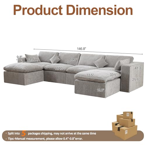 146''Cloud Boneless Sectional Couch, Modular Sectional Sofa Deep Seat with 2 Ottomans, Oversized Upholstered Convertible Comfy 6 Seater Chenille Sofa U Shape Couches for Living Room, Light Grey - color: Light Grey, size: 146"/4 Seater+2 Ottoman