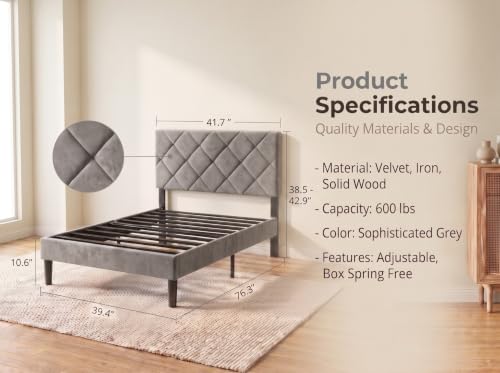 Twin Size Bed Frame with Adjustable Diamond Headboard,Velvet Fabric Upholstered Platform Bed,No Box Spring Needed, Easy Assembly, Noise Free, 600 lbs Capacity, Under Bed Storage for Small Space,Gray - color: Gray-1