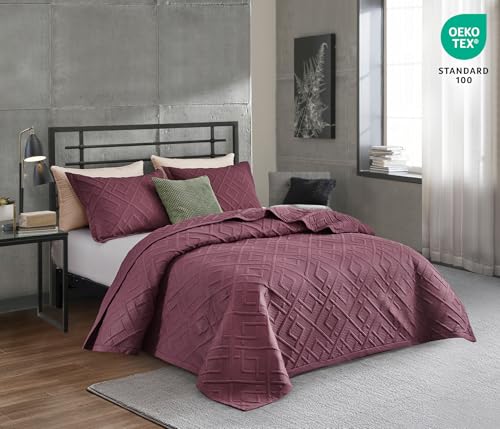 CHIXIN Quilt California King Size - Geometric Pattern Bedspread Coverlet Set - Modern & Contemporary Style Bedding Cover, Ultrasonic Quilting, Reversible, Lightweight, 4 Piece, Burgundy & Wisteria - color: 1- Wisteria, size: Cal King(112"x106")