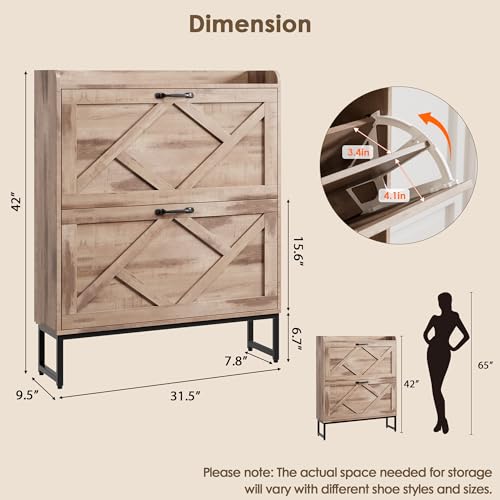 Shoe Cabinet Storage for Entryway, Slim Shoe Storage Cabient with 2 Flip Drawers, Narrow Vertical Shoe Rack Cabinet with Metal Hooks, Small Space Solution for Hallway, Oak - color: Oak