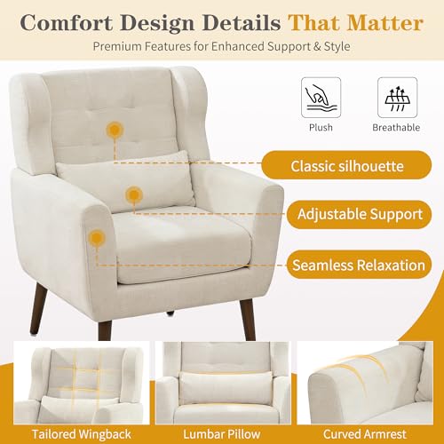 Modern Accent Chair, Upholstered Armchair with Pillow, Fabric Single Sofa Chair with Lounge Seat and Wood Legs Accent Chair for Living Room Bedroom Small Spaces (Beige, Set of 2) - color: Beige, size: Set of 2