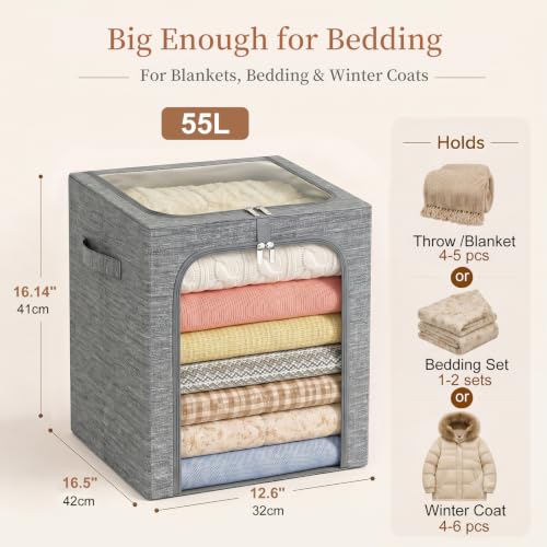 GoMaihe Blanket Storage Bins with Metal Frame for Closet, 55L 6-Pack Grey | Clothing Bedding Winter Coat Comforters , Closet Top Shelf, Collapse-Proof Stackable, See Through, Dual Access Space Saving - color: Gray, size: 55L