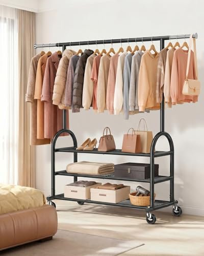 Heavy Duty Clothes Rack for Hanging Clothes Load 688 LBS, Height Adjustable Rolling Clothing Racks, Portable Metal Coat Rack Garment Wardrobe with Wheels and 3 Shelves for Bedroom, Black - color: Black, style: 3 Shelves
