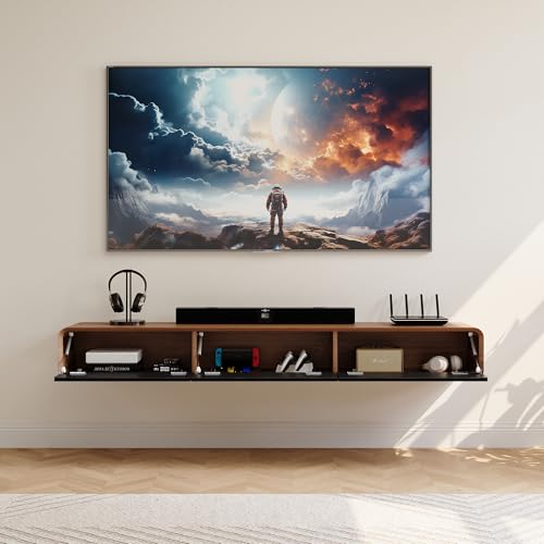 POVISON Fully-Assembled Minimalist Floating TV Stand, Modern Wall-Mounted Entertainment Center with 3 Flip-Down Cabinet Doors, Solid Wood, Walnut Veneer, 78" - color: Walnut & Black, size: 78.74"