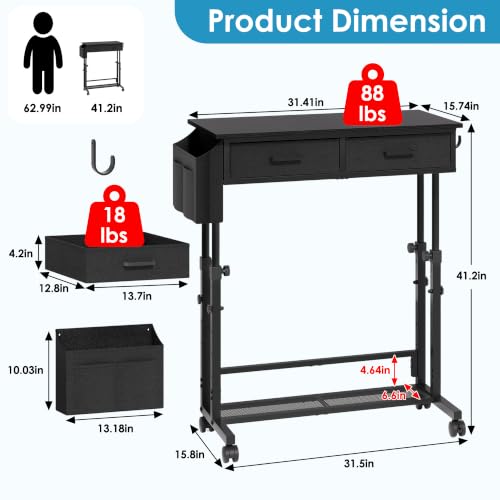 Small Standing Desk with Storage, Height Adjustable Sit Stand Desk with Drawers, Mobile Office Desk with Wheels and Side Pocket, Adjustable Laptop Workstation for Home Office - color: Black