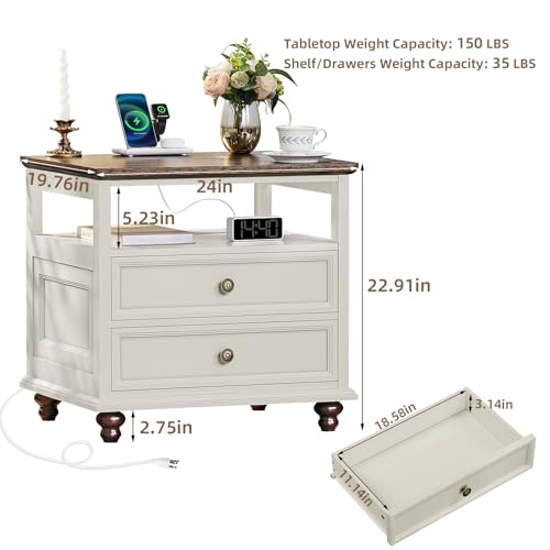 Joaxswe Farmhouse Nightstand with Charging Station, 24" Wide End Table with 2 Drawers,White Wood Dresser for Bedroom, Bed Side Table Chest of Drawers Cabinet,Night Stand for Living Room, Closet - color: Elegant White, size: 19.76"D x 24"W x 22.91"H (2 Dra