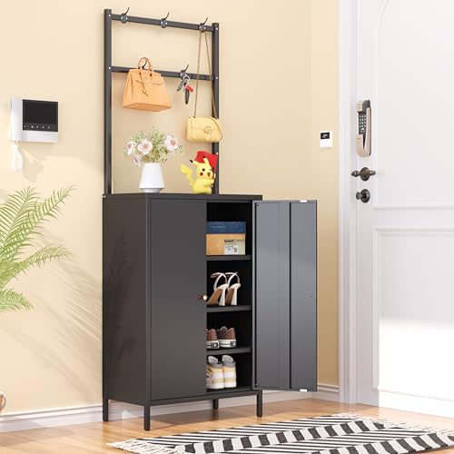 2in1 Hall Tree Shoe Cabinet for Entryway, Hallway, and Living Room,Metal Shoe Coat Rack Cabinet with 3 Adjustable Shelf,Shoe Storage Organizer with Hanging Bar & Hooks (Cabinet With Coat Rack, black) - color: Black, style: Cabinet With Coat Rack