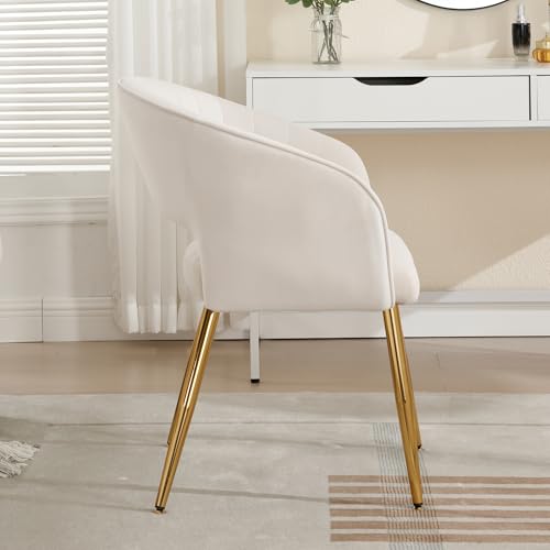Velvet Home Office Desk Vanity Chair, No Wheels, Gold Legs, Off-White Cream | Modern Accent Chair with Stylish Stripe Design, Spacious Soft Seat for Girls & Women Bedroom Makeup or Nail Table - color: Off-white Cream Velvet, No Wheels