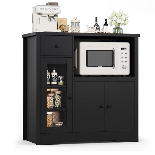 GarveeHome Kitchen Microwave Cabinet with Storage and Drawers, Black | Modern Small Buffet Cabinet, Glass Doors, Adjustable Shelf, Wooden Sideboard, Wide Top, for Dining Room, Living Room - color: Black