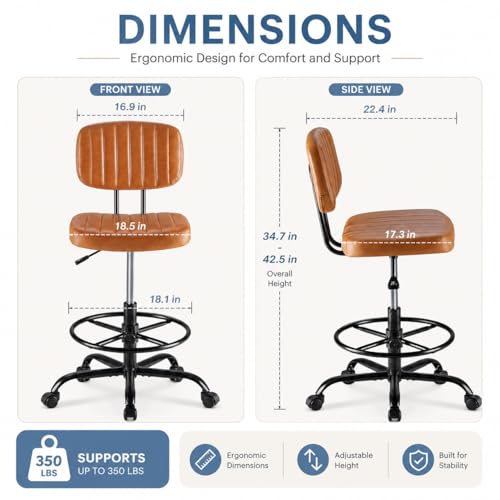 Simple Deluxe Armless Drafting Chair, Low Back PU Leather Office Seat with Footrest Ring, Swivel Rolling Stool for Standing Desk, Studio, Lab, Counter and Small Spaces, Brown - color: Brown-low Back
