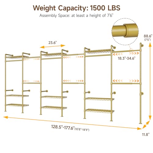 H6 Wall Mounted Closet System, Industrial Pipe Clothes Rack, Gold | Metal Clothing Rack with 6 Telescopic Rods & 3 Fixing Rods & 9 Shelves, Heavy Duty Closet Organizers and Storage in Wardrobe - color: Gold