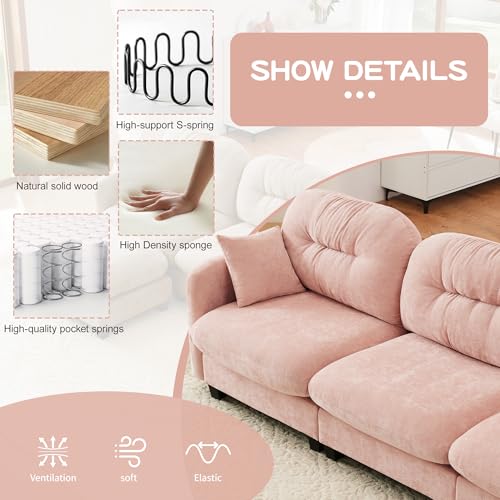 Modular Loveseat Sofa Mini Couch with Premium Chenille Fabric and Tufted Pleated Backrest Flexible Small Couch for Bedroom and Living Room Ergonomic 2-Seater Sofa for Adults and Compact Spaces (Pink) | Sturdy & Durable - color: Pink
