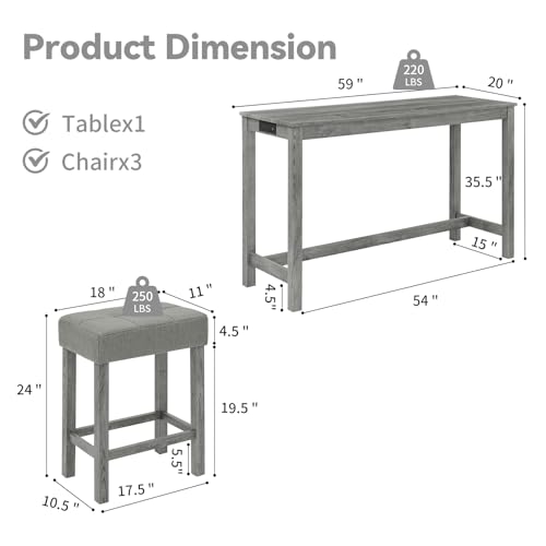 59" Industrial 4 Piece Bar Table Set with Built-in Power Outlet, Behind Couch Sofa Table with 3 Linen Upholstered Stools, Bar Table and Chairs Set for Living Room, Dining Room, Lounge, Gray - color: R2-gray