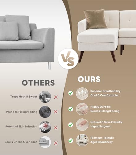 Tbfit L Shaped Couch Sofa, 80" W Mid-Century Modern Sectional Couches, 3 Seater Sofas with Wide Chaise Lounge, Button Tufted Upholstered Sectional Sofa for Living Room, Bedroom, Beige - color: Beige, size: 80" L-shape