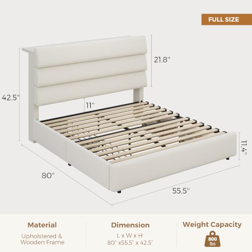 Jocoevol Beige Full Size Bed Frame with 2 Storage Drawers & Headboard Shelf | Velvet Upholstered Platform Bed with LED Lights & Charging Station, Wooden Slats Support, No Box Spring Needed - color: Beige, size: Full