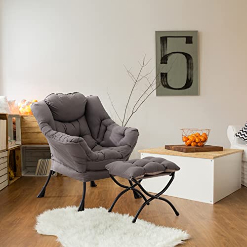 Lazy Chair with Ottoman, Comfy Accent Reading Chair, Dark Grey | Foldable Footrest,Removable Cover,with Armrests and Side Pockets,Upholstered Lounge Chair for Bedroom,Dorm,Office,Small Space - color: Dark Grey