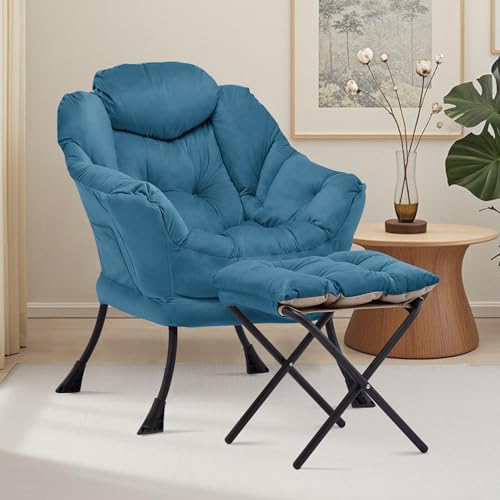 Lazy Chair with Ottoman, Comfy Reading Chair, Blue | Cushioned Seat with Foldable Ottoman and Side Pocket, Lounge Chair for Bedroom, Living Room, Dorm and Small Spaces - color: Blue