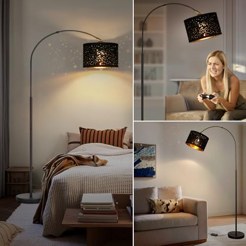 Dimmable Floor Lamp, Arc Floor Lamp with Adjustable Star Shade, Black | Arched Tall Modern Standing Lamp, Mid Century Reading Light Pole Lamp for Living Room, Bedrooms, Office, 9W LED Bulb Included - color: Black Base with Stars Shade