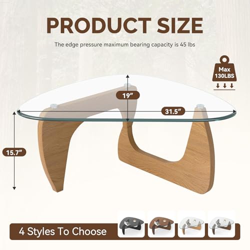 Modern Glass Coffee Table, Triangle Center Table with Tempered Glass Top& Unique Wooden Base, 31.5” Mid Century Tea Tables for Living Room, Apartment, Office,Wood &Transparent - color: Wood & Transparent, size: Small 31.5*19*15.7in