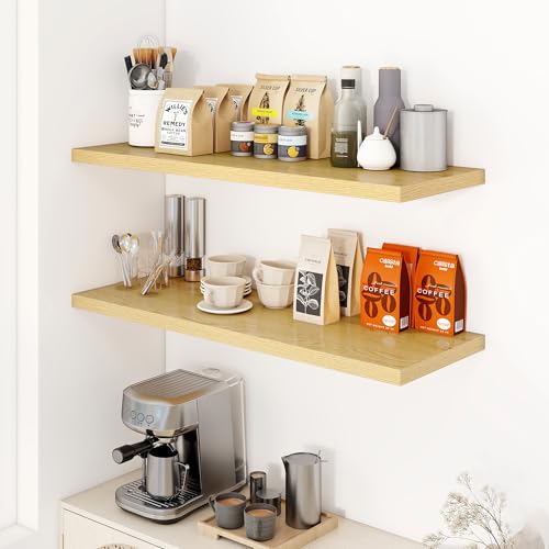 Dreamland 40" Floating Shelves for Wall, 12" Deep Slim Oak Floating Shelves, Wall-Mounted Shelves for Bedroom, Living Room, Kitchen, Bathroom - Set of 2 - color: Oak, size: 40"W x 12"D x 1.3"H, Set of 2