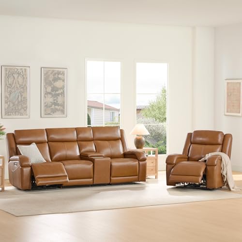 Watson & Whitely Wall Hugger Power Reclining Sofa with Console, Saddle | Genuine Leather Recliner Sofa, Power Headrests, Center Storage Console, Cup Holders, 3-Seater Couch, Living Room & RV - color: Saddle Brown, style: 3 Seater Sofa (with console)