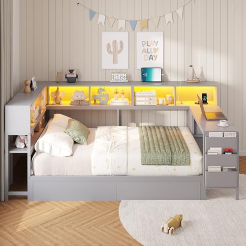 DICTAC Twin Corner Bed Frame with Desk and Storage Bookcase, Twin Size Platform Bed Frame with 4 Storage Drawers,Charging Station and LED Lights,Modern Daybed for Kids and Teen with Drawers,Grey - color: Grey, size: Twin