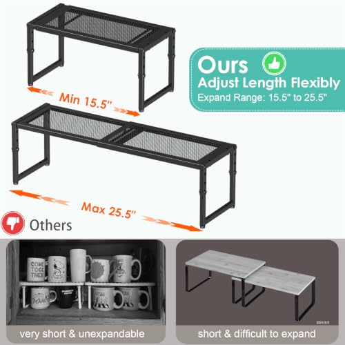 2 Pack Expandable Kitchen Cabinet Shelf Organizer, 15.5"-25.5" Long Adjustable Storage Shelves Organizers for Kitchen Countertop Pantry Cupboard Table Desk Counter, Stackable, 30LBS Load Capacity - color: Black