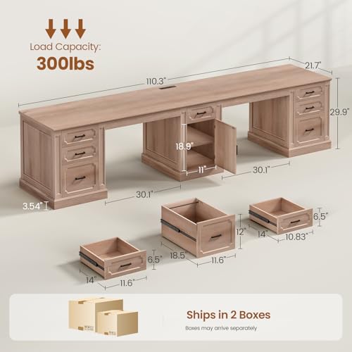 SEDETA Farmhouse 110.3" Two Person Desk with 7 Drawers, Long Computer Desk with Storage Cabinet, 2 Person Desk with Power Outlets for Home Office, Oak - color: Oak, size: 110.3" Two Person Desk
