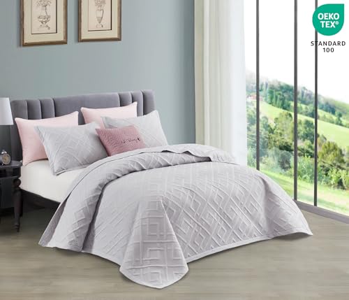 CHIXIN Quilt Twin Size - Geometric Pattern Bedspread Coverlet Set - Modern & Contemporary Style Bedding Cover, Ultrasonic Quilting, Reversible, Lightweight, 4 Piece, Light Grey - color: 1- Grey, size: Twin(68"x90")