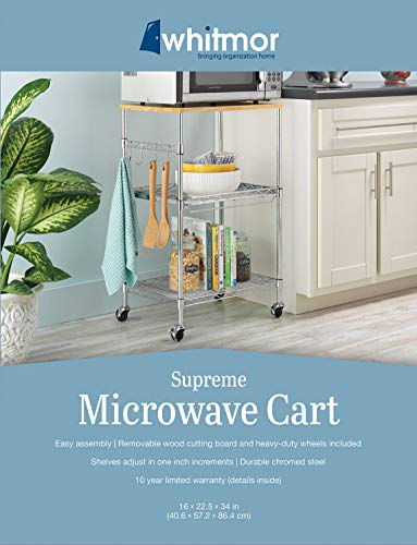 Whitmor Supreme Microwave Cart with Locking Wheels - Chrome with Food Safe Cutting Board 16 x 22.5 x 34 inches - size: 16 x 22.5 x 34 inches