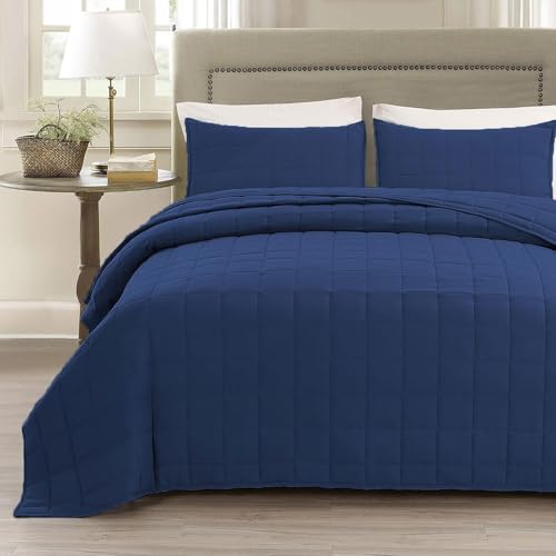 EMME Quilts Queen Size Bedding Sets Navy Blue Bedspread, Soft Lightweight Pre-Washed Bed Set, 3 Piece Cozy Reversible Microfiber Bed Coverlet with Pillow Sham(Square Pattern,90"x90") - color: 01-navy (Squares Pattern), size: Full/Queen(90" x 90")