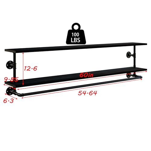 Black Clothes Rack 60in, 2-Tier Wall Mounted Garment Rack with Real Wood Shelf, Heavy Duty Hanging Clothes Rack, Multi-Purpose Hanging Rod, Space-Saving Closet Storage - color: Black, size: 2T60IN