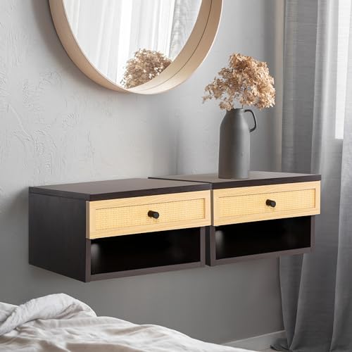 JONATHAN Y Celerie 15.7" Rattan Floating Nightstand, Dark Brown/Light Oak | Soft-Close Storage Drawer, Wall Mounted Side Table, Built-In Cable Hole, Open Shelf Cubby, Mid-Century Modern Bohemian - color: Black/Light Oak, size: Set of 1, style: Celerie