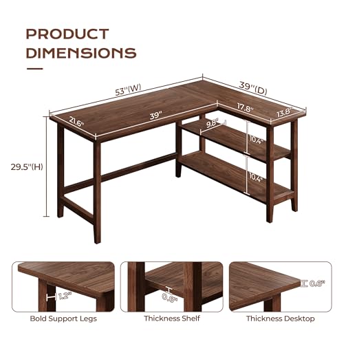 IOTXY 53" Reversible L-Shaped Office Desk with Storage Shelves, Walnut | Solid Rubberwood Legs, 0.6" MDF Desktop, Reversible 2-tier Shelves, Spacious Corner Computer Table for Dual Monitors - color: Walnut, size: 53-inch