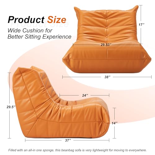 Hobestluk Bean Bag Chair Leather Togo Chair Memory Foam Living Room Adult | Medium Black,Ergonomic Design,Floor Chair,Waterproof,Easy Clean,Anti-slip Bottom,No Assembly Required,For Bedroom Reading - color: Orange, size: Large