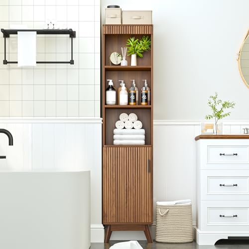 Bifins 68" Tall Bathroom Storage Cabinet,Narrow Fluted Tower Cabinet with Door and Shelves,Slim Space Saving Storage Unit for Bathroom Kitchen Living Room (Walnut, 11.8" D x 15.75" W x 68" H) - color: Walnut, size: 11.8"D x 15.75"W x 68"H